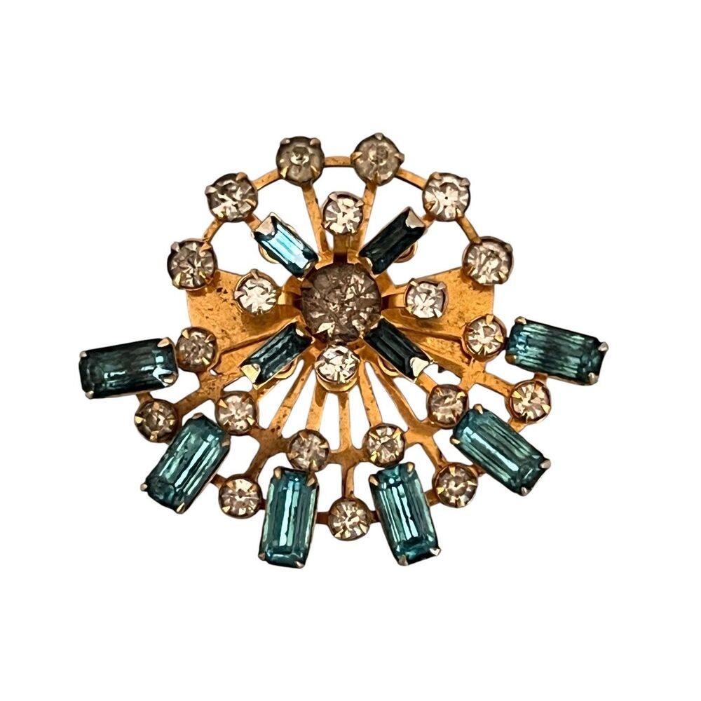 Vintage 1950s Blue Rhinestone Brooch Pin Gold Tone Starburst - 7Y